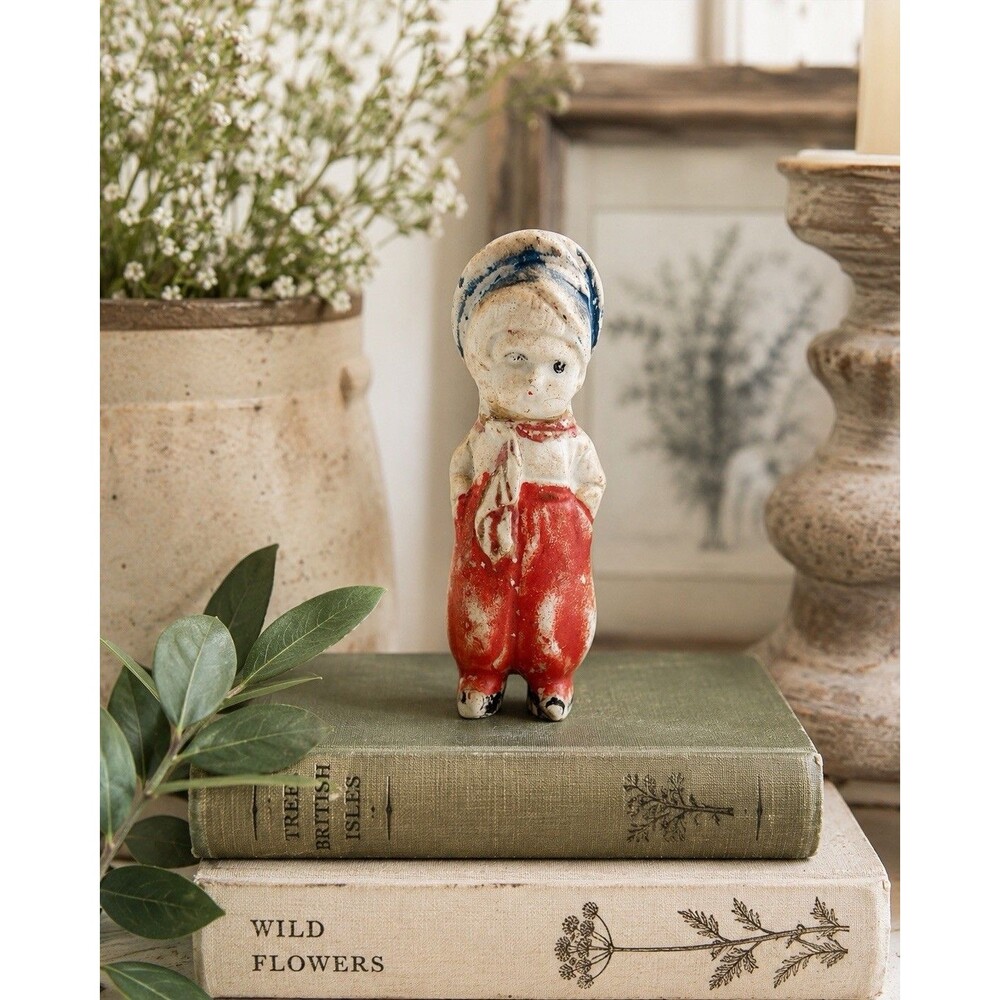 Vintage 1930s Japan Bisque Ceramic Boy Figurine Red Overalls Blue Cap Miniature